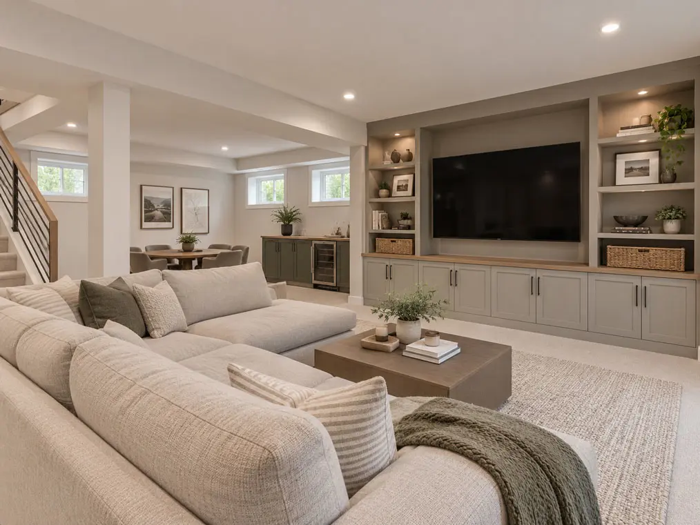 Finished basement living space with built-in media wall