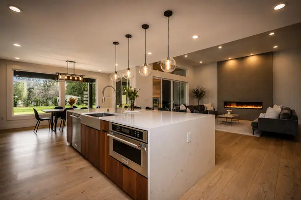 Clean, naturally lit kitchen and living space with an open floor plan