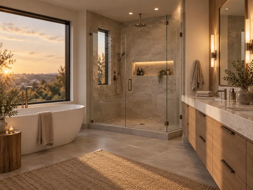 Spa-inspired primary bathroom with a freestanding tub, glass shower, and a window framing a sunset view