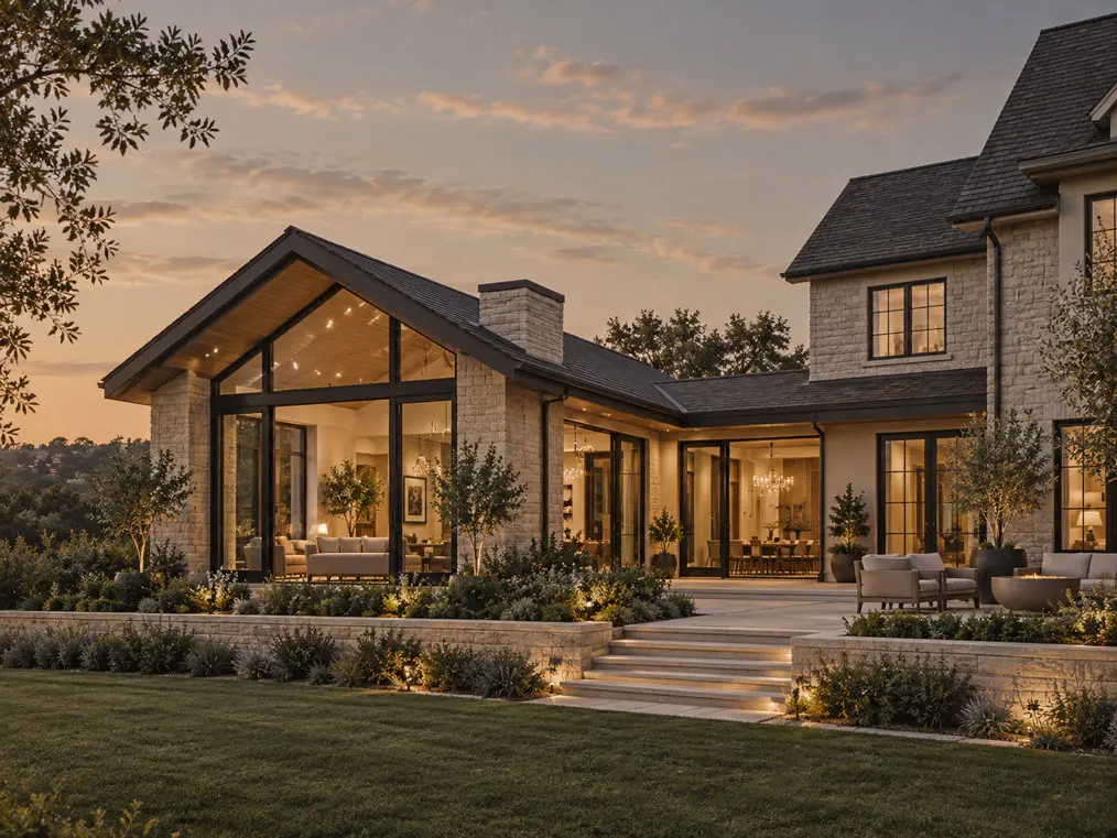 Contemporary glass-walled home addition integrated into an existing stone residence at dusk