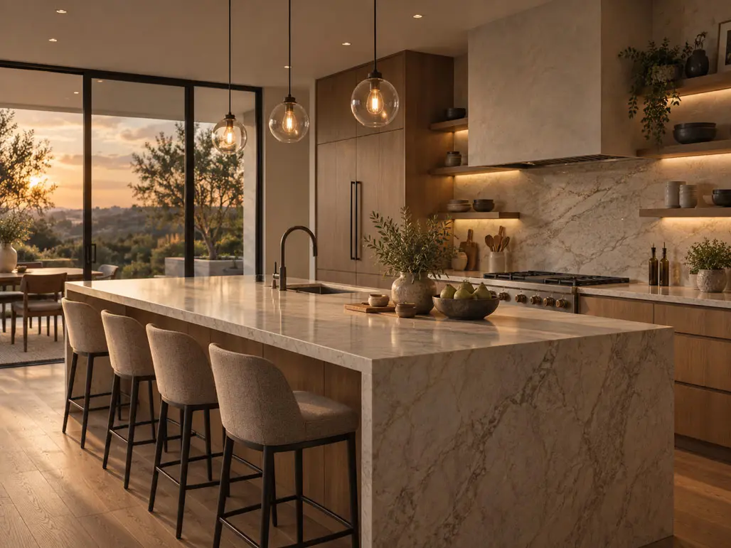 Dark green shaker-style kitchen with a large marble waterfall island, brass fixtures, and pendant lighting
