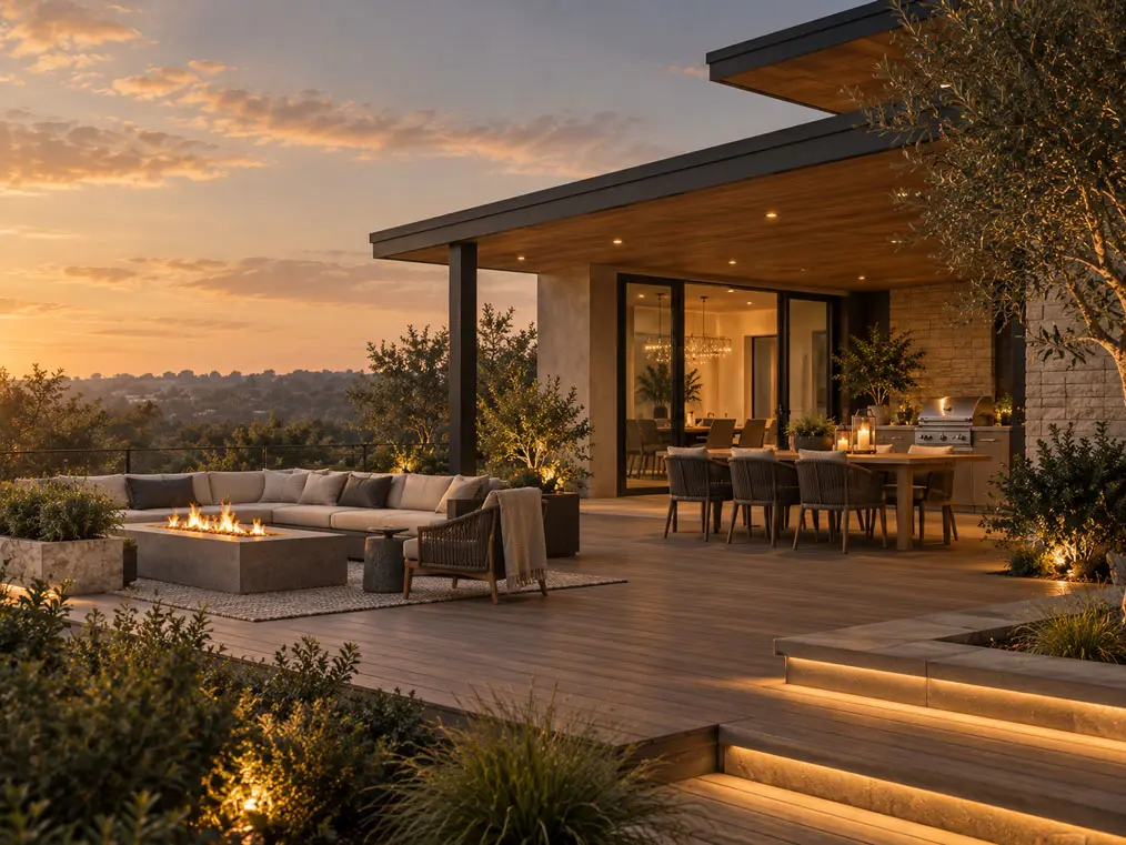 Outdoor living space with a fire pit, sectional seating, and a covered dining area overlooking a hillside at dusk