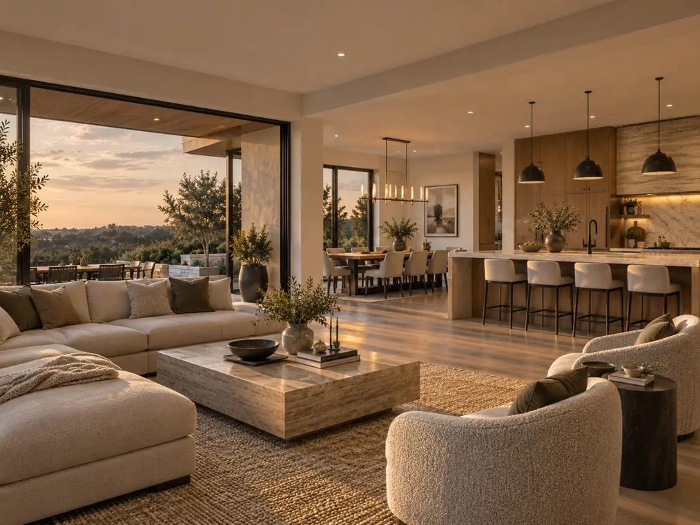 Open-concept living, dining, and kitchen space at golden hour with connected sightlines throughout