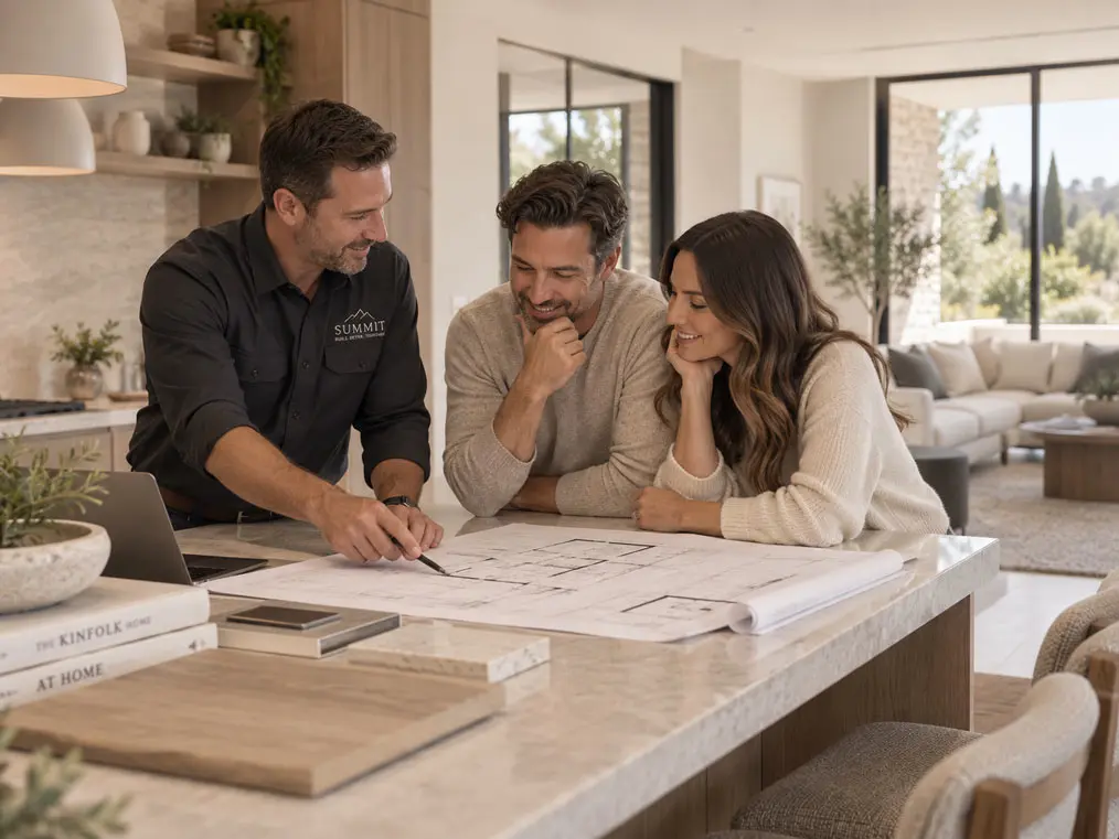 Summit team member reviewing floor plans with homeowners at a kitchen island