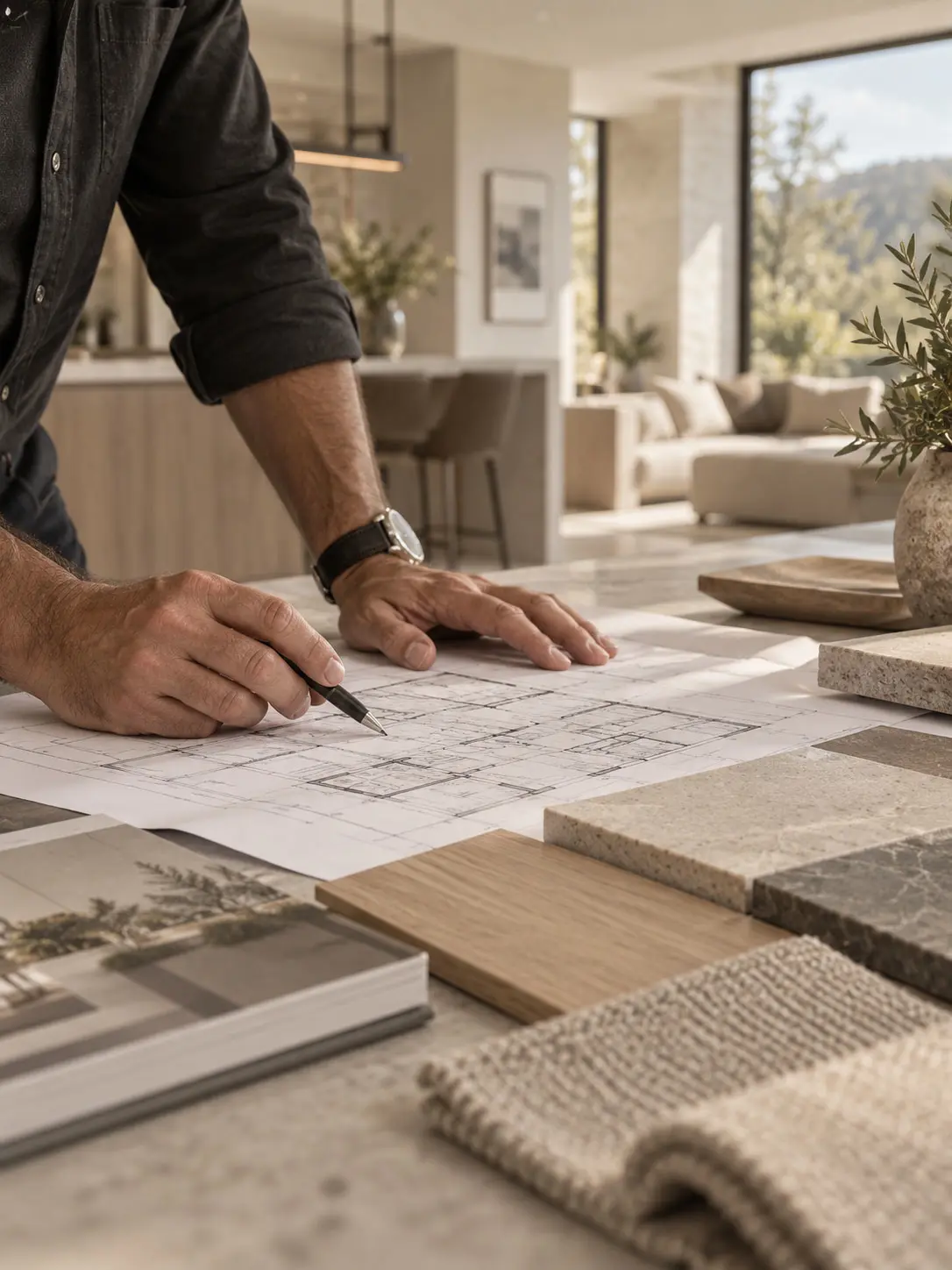 Detail of a hand marking up blueprints beside material and finish samples