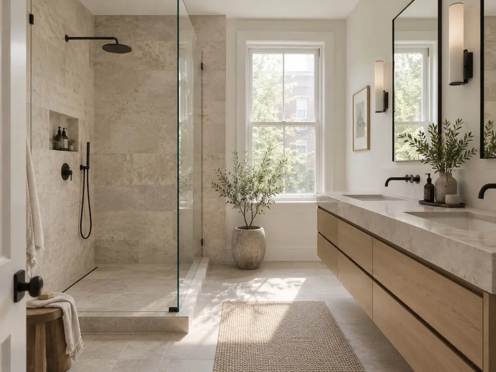 Finished primary bathroom remodel with walk-in shower and floating vanity