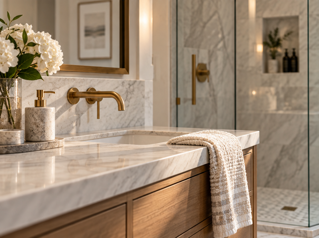 Editorial bathroom detail with stone vanity, warm wood cabinetry, brass fixtures, and glass shower