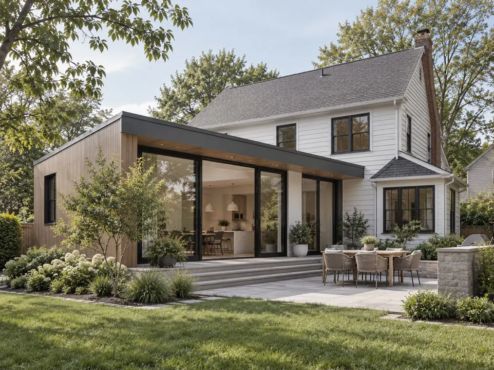 Finished home addition with glass wall opening to the backyard