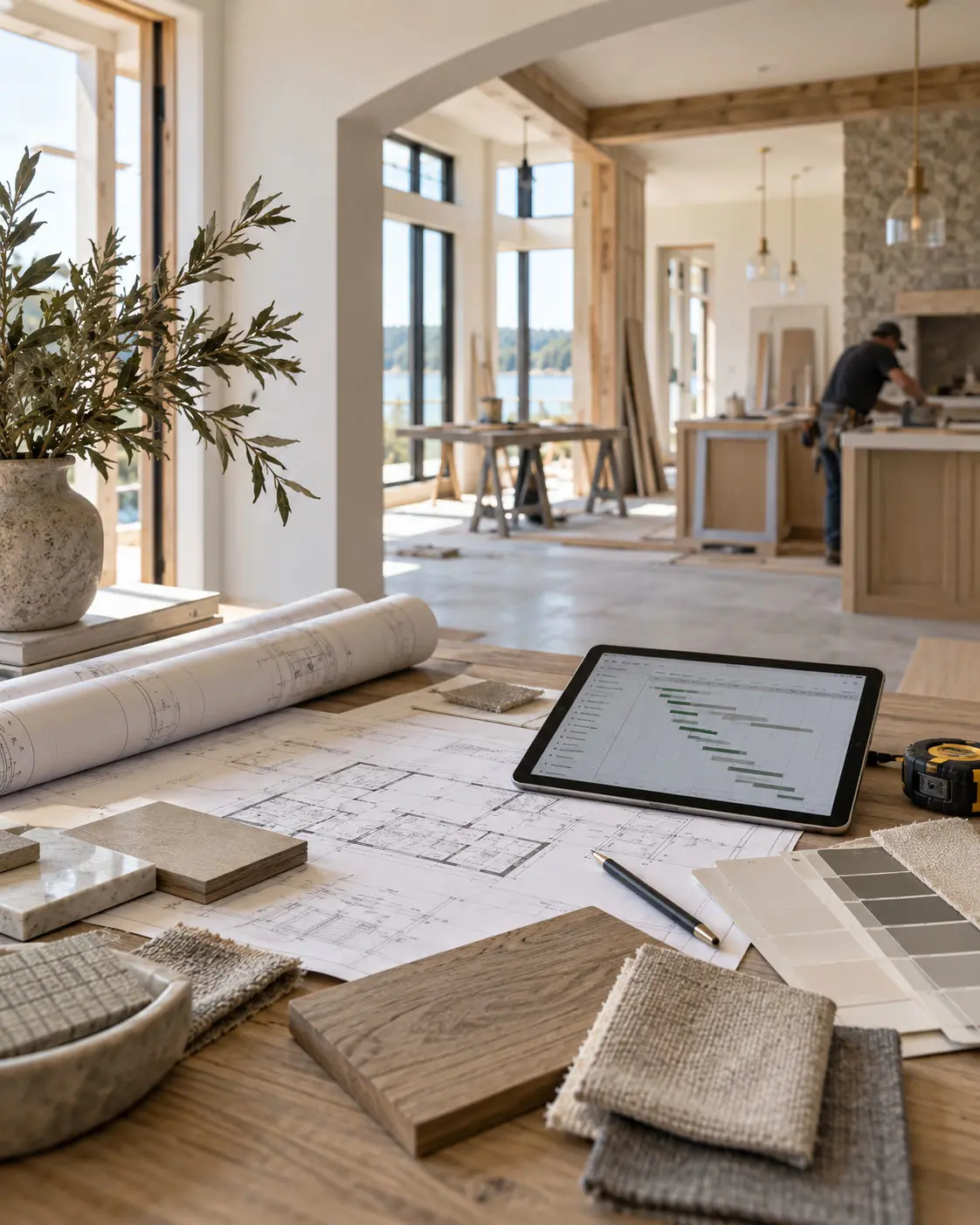 Building plans, a project schedule, and material samples laid out on a table inside a home under construction