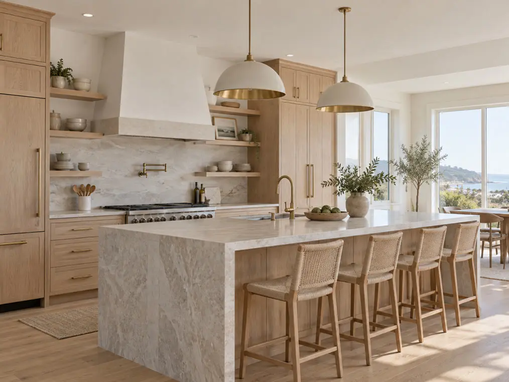 Finished kitchen remodel with waterfall island and pendant lighting