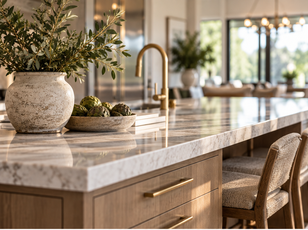Editorial kitchen detail with stone island, warm wood cabinetry, brass fixtures, woven seating, and natural light