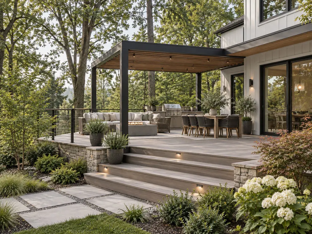 Finished outdoor living space with covered patio and dining area
