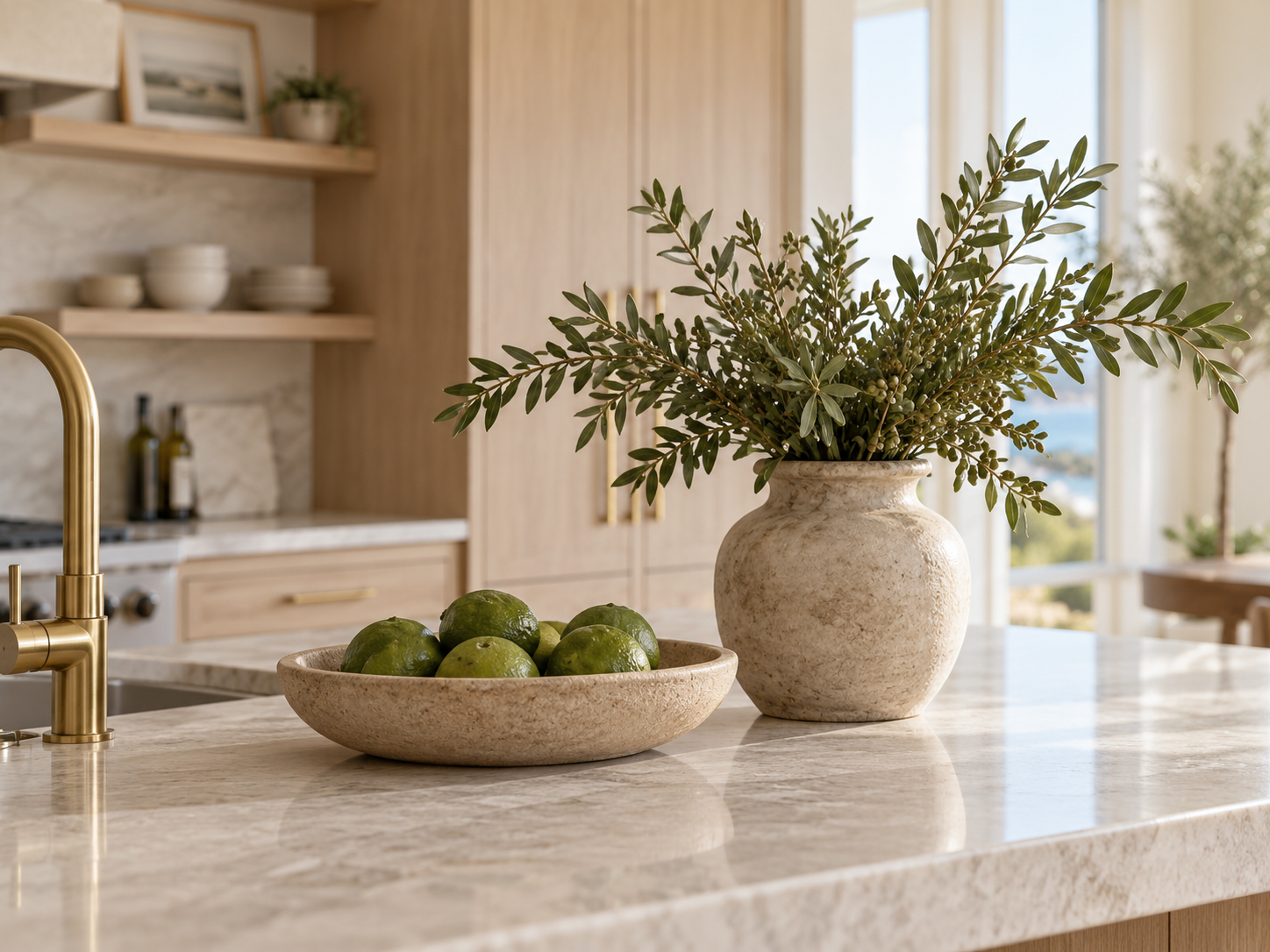 Close-up of a stone vase with olive branches and a bowl of limes on a marble kitchen island