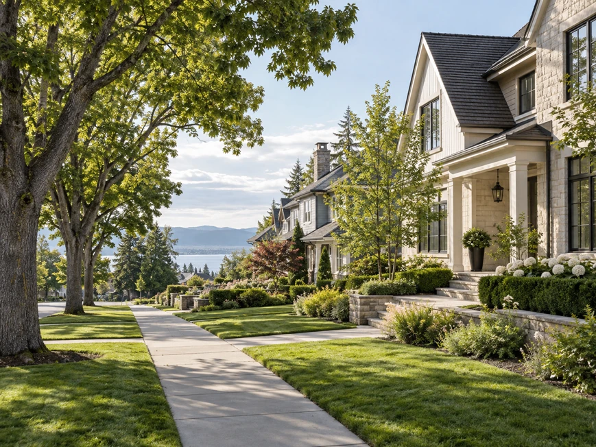 Established residential street with mature trees, refined homes, and a lake and mountain view in the distance