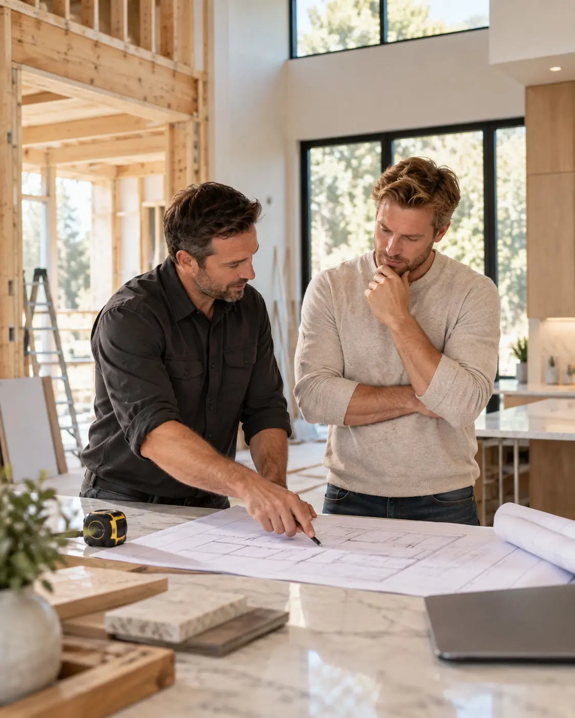 A contractor reviewing building plans with a homeowner inside a home under construction