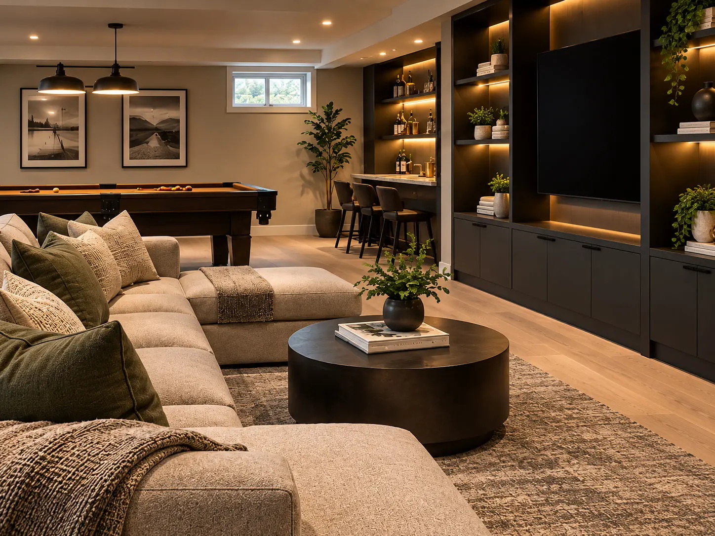 Close-up of finish carpentry and material detailing in a completed basement space