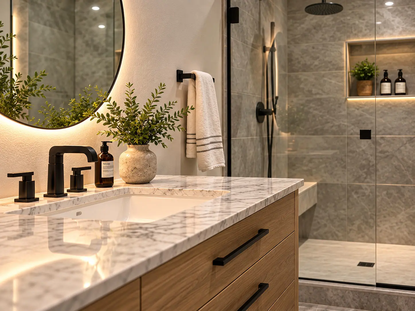 Detail of a marble vanity, matte black fixtures, and a glass shower in a finished bathroom