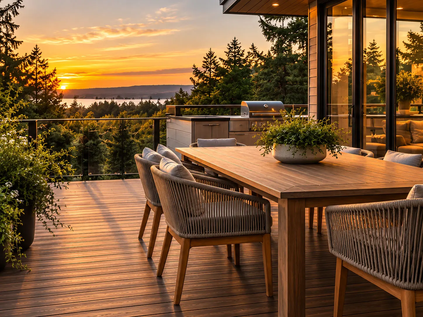 Detail of a wood deck dining area and built-in outdoor kitchen overlooking a sunset tree line