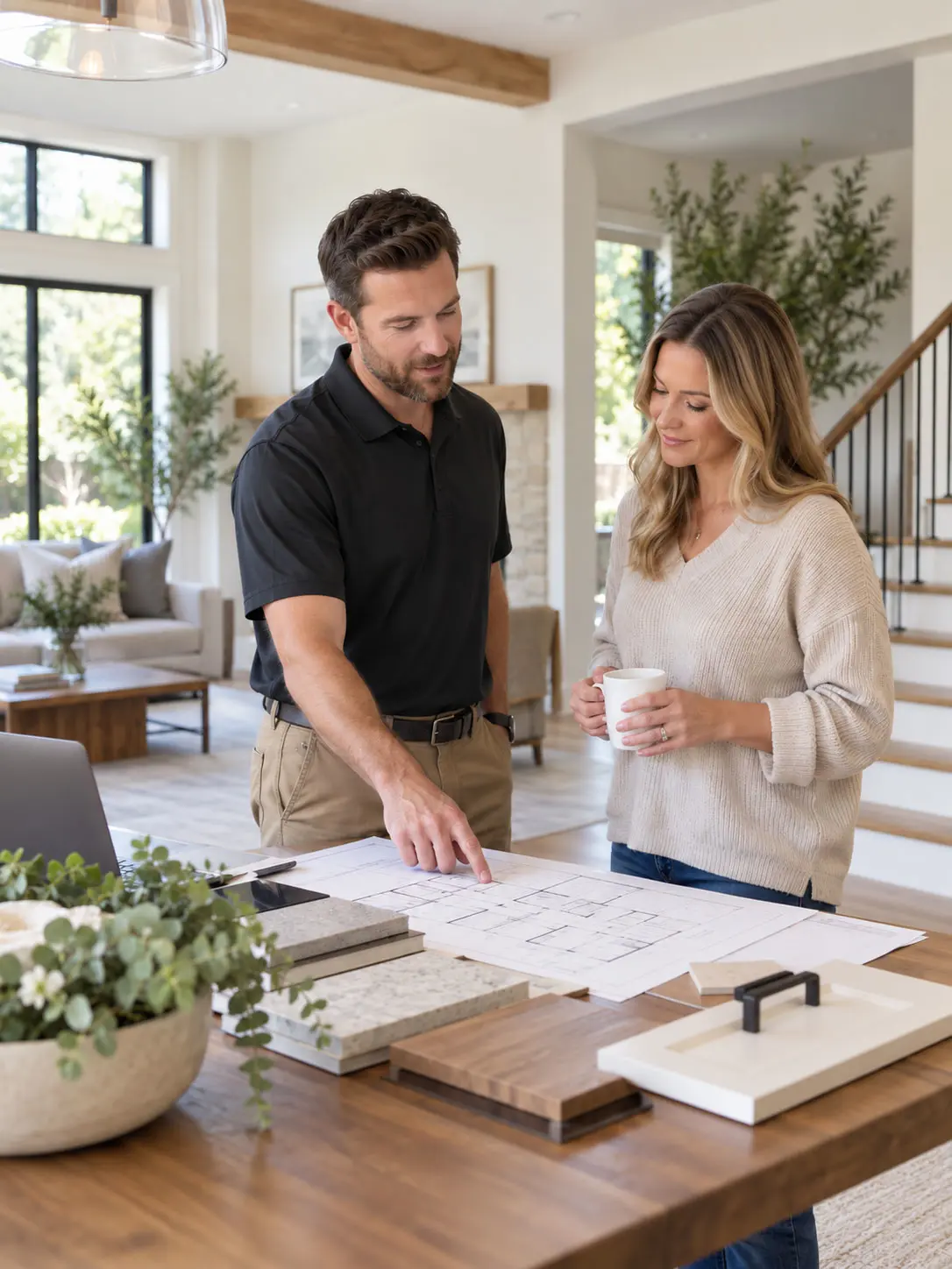 Contractor and homeowner reviewing floor plans and material selections at a table