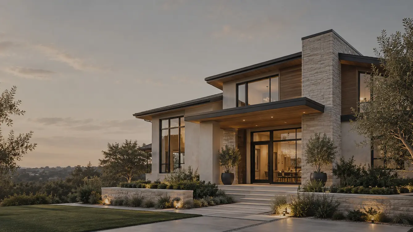 Contemporary two-story residence with stone and wood facade, illuminated entryway and interior, photographed at dusk overlooking a hillside valley