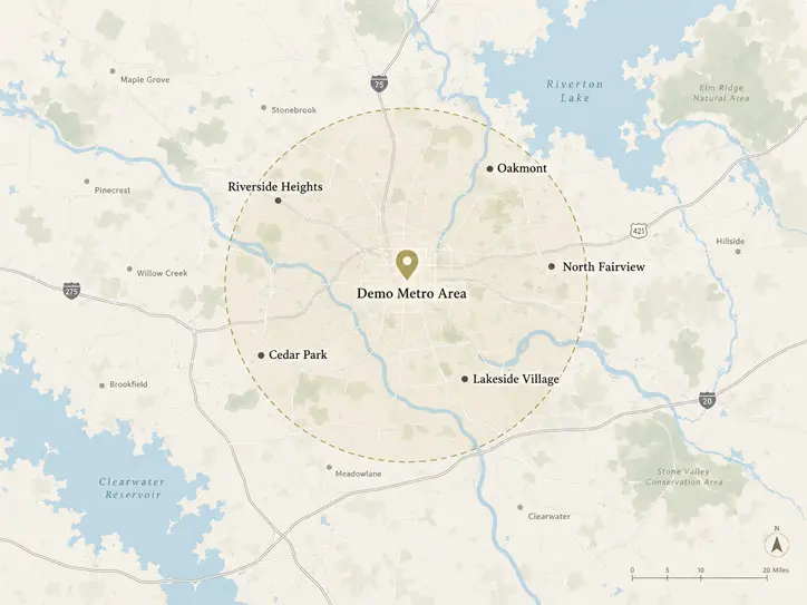 Map illustration of the Demo Metro Area service region with surrounding communities marked