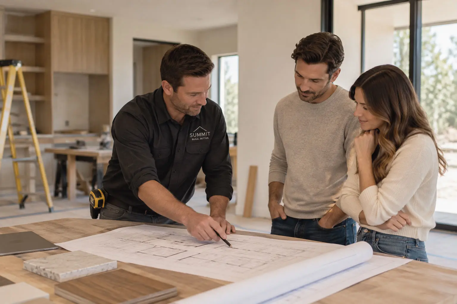 Contractor reviewing plans on-site during a residential construction project