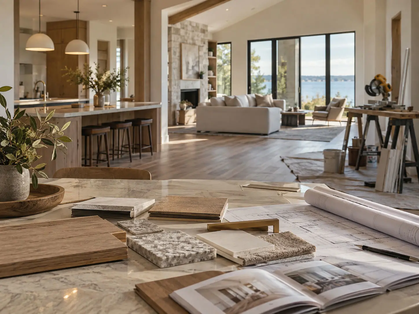 Blueprints and material samples on a table with an open-concept kitchen and living room renovation in progress behind