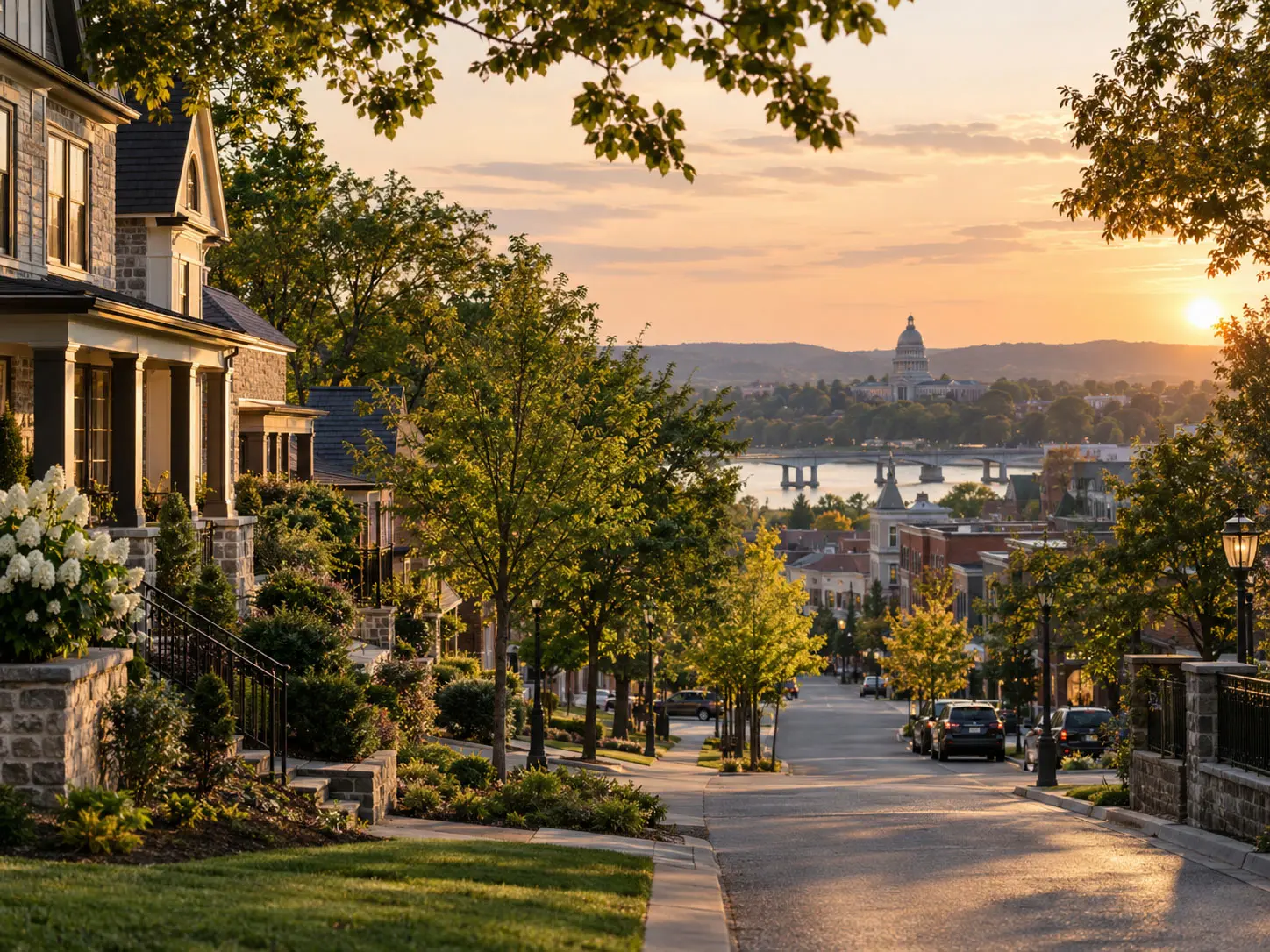 Tree-lined residential street in the Demo Metro Area at golden hour, with the town skyline and river visible in the distance