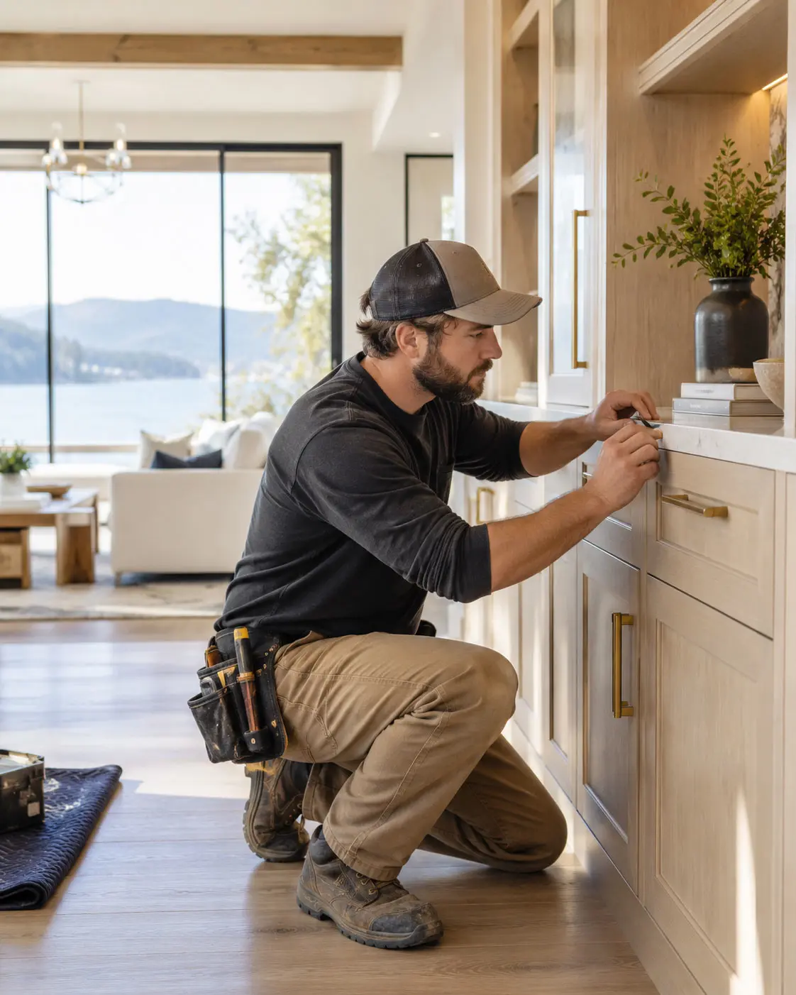 Craftsman installing cabinetry hardware in a bright, high-end kitchen renovation with a water-view window behind him