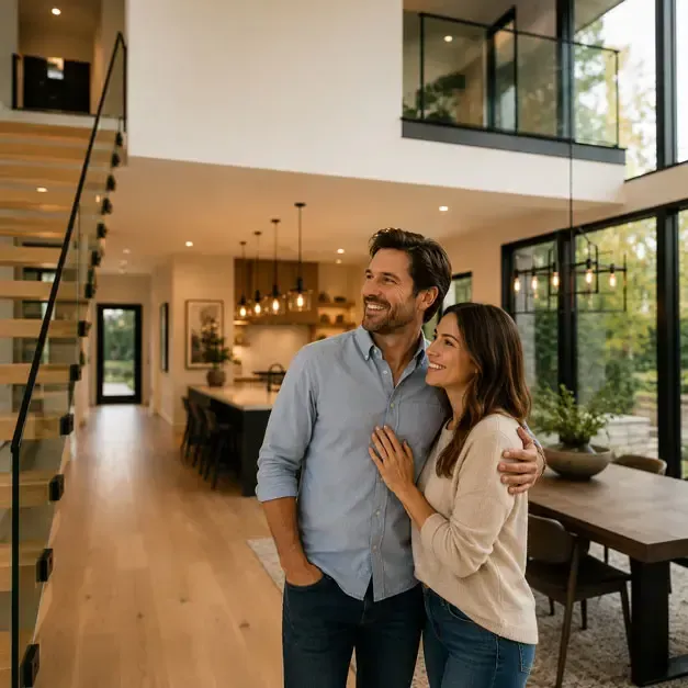 Homeowners standing together in their finished contemporary living space
