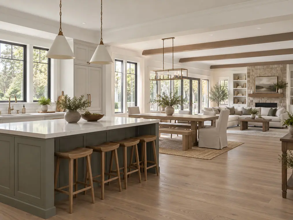 Open-concept kitchen, dining, and living space with wood beams and a stone fireplace