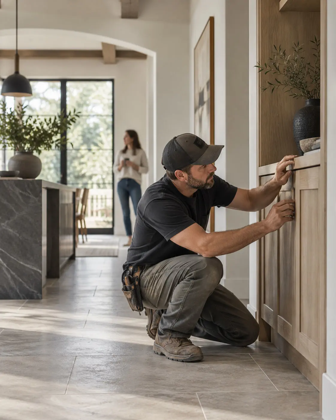 Contractor reviewing craftsmanship detail with a homeowner in a finished residential space